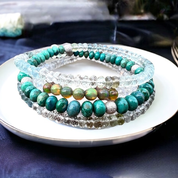 Natural Chrysocolla, Aquamarine, Moonstone Wrap Bracelet Necklace 14k White Gold - Picture 11 of 11
